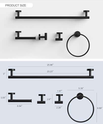 Matte Black Bathroom Hardware Accessories Set 5 Pcs SUS304 Stainless Steel Towel Rack and Toilet Paper Holder Set 26 Inch Towel Bar Set Wall Mounted by HOMEMYSTIQUE - color: Matte Black, size: 5 Pieces
