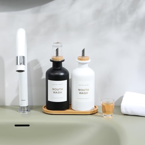 11.8OZ Mouthwash Dispenser for Bathroom with Bamboo & Stainless Steel Pour Spout, Mouthwash Cups Reusable, Bamboo Tray, and Elegant Gold Label. Set of 2（Black/White - color: Black/White/350*2