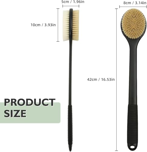 Back Scrubber for Shower, Anti-Slip Long Handle Shower Brush with Soft & Stiff Bristles, Body Exfoliator for Shower, Bath, or Dry Use (Black) - size: 17 in - Black