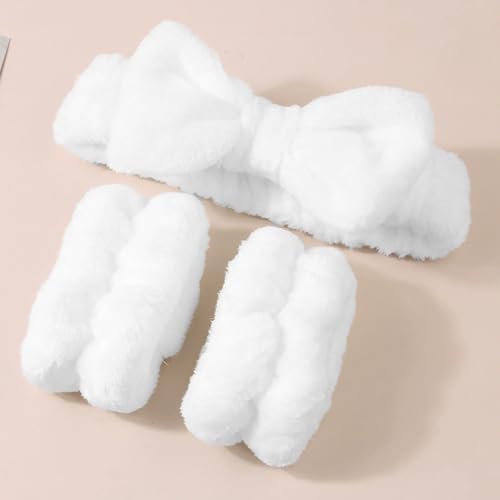 3 Pieces Face Wash Headband and Wristband Set, Makeup Skincare Headbands Spa Headband Towel for Women Skin Care Bath Wrist Bands for Washing Face (White) - color: White
