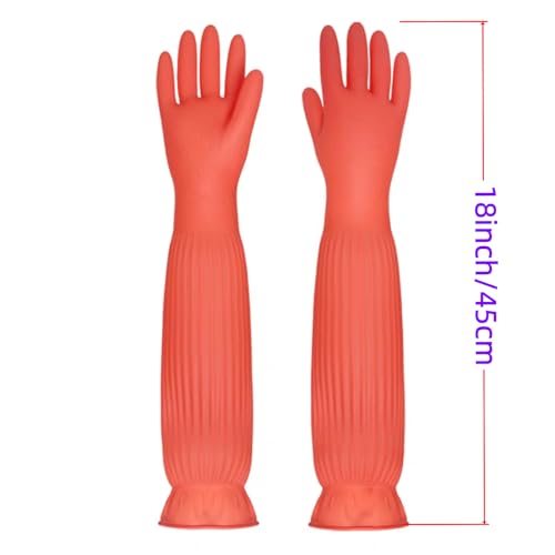 Long Rubber Waterproof Latex Household Cleaning 18inch Gloves Red Long Sleeved Heavy-duty Reusable 2Pair - color: Red, size: Medium