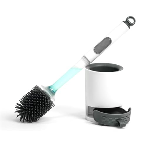 Silicone Toilet Brush and Holder Set with Cleaner Dispenser, Grey | Dispenser handle, silicone bristles, ventilated holder; for RV, apartment, and bathroom use