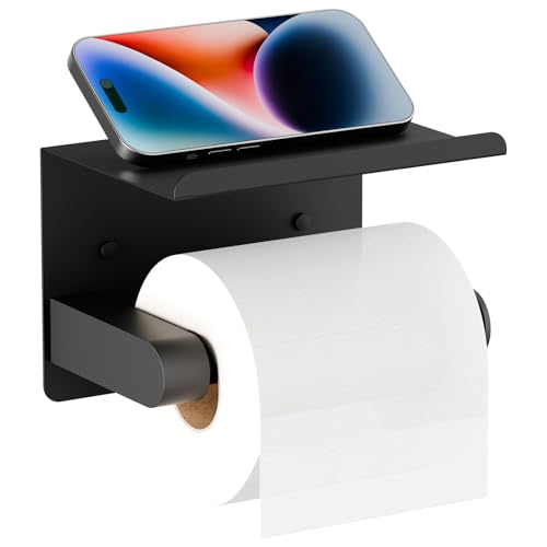 Matte Black Toilet Paper Holder with Shelf, Stainless Steel Bathroom Tissue Holder Self Adhesive or Screw Mounting Wall Mount Toilet Roll Holder for Washroom Kitchen RV