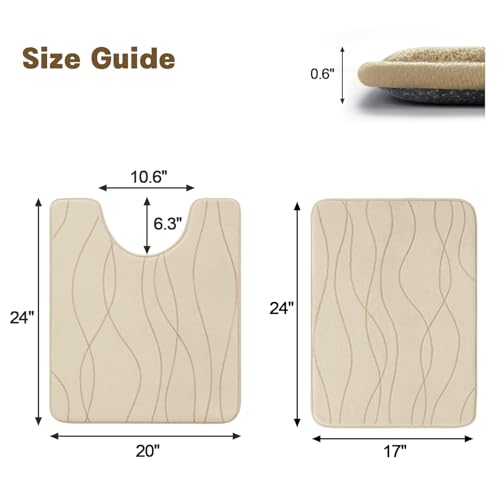 YIHOUSE Bathroom Rugs Set 2 Piece, Memory Foam Bath Mat Khaki | U Shaped+Small Mat, Ultra Soft, Absorbent, Non-Slip, Machine Washable, for Bathroom, Sink and Toilet - color: Khaki, size: 2' x 1'5" (Rectangular)