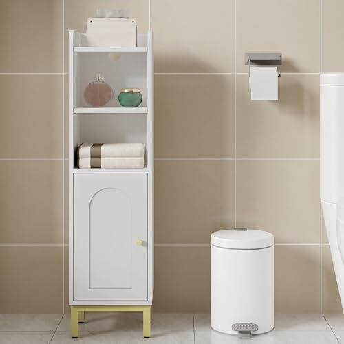 Hzuaneri Bathroom Storage Cabinet, Small Corner Floor Cabinet with Door and Shelves, Narrow Toilet Paper Holder, Bathroom Organizer with Adjustable Shelf, for Small Spaces, White BC38213G - color: White, size: 7.9"D x 9.8"W x 35.4"H