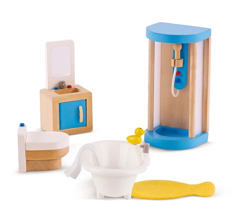 Hape Wooden Doll House Furniture Family Bathroom Set| Pretend Playset for Kid’s Wooden Dollhouse