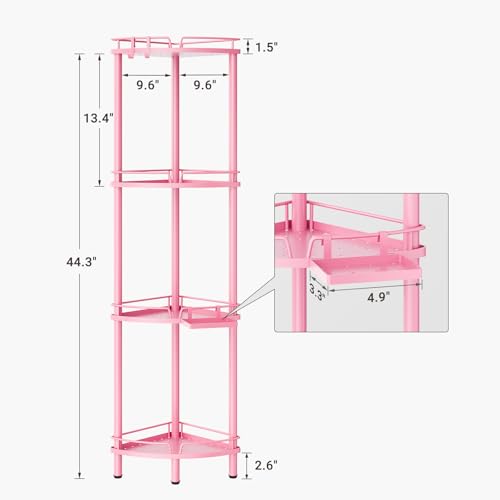ELYKEN Corner Shower Caddy Standing, 4 Tier Rustproof Metal Shower Organizer with Soap Holder, Floor Shower Corner Shelf Rack Storage Stands with Adjustable Feet & 2 Hooks for Bathroom, Pink - color: Pink, size: 4 Tier