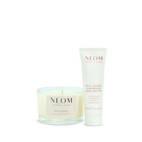 NEOM Moment of Calm Gift Set I Contains Real Luxury Travel Candle 75g Real Luxury Multi-Mineral Body Milk 30ml I 100% Natural scents I Lavender, Jasmine and Sandalwood
