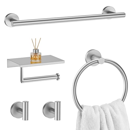Brushed Nickel 5-Piece Bathroom Hardware Set, 23.6 Inch Towel Bar Set SUS304 Stainless Steel Towel Racks Round Towel Bar, Towel Ring, Toilet Paper Holder, 2 Robe Hooks, Wall Mounted - color: Brushed Nickel