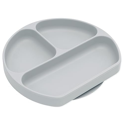 Bumkins Toddler and Baby Suction Plate, Divided Grip Dish for Babies and Kids, Baby Led Weaning, Feeding Supplies, Sticks to Tables and Highchairs, Platinum Silicone, for Chidren 6 Months, Gray - color: E2 Gray-GD