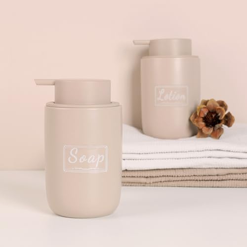 BosilunLife Foaming Soap Dispenser Set - Khaki Ceramic Foam Hand Dispenser 12oz Soap Dispenser Set with Rust Proof Pump, 4Pcs Clear Stickers for Kitchen, Bathroom - 2 Pack - color: Khaki-foam Pump