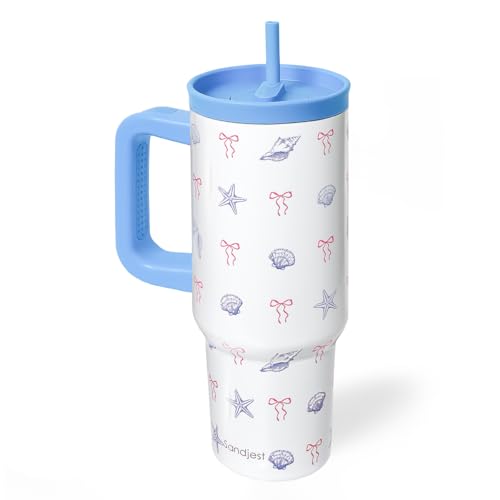 SANDJEST Beach Lover Stainless Steel Locking Lid Silicone Straw Tumbler with Handle 40oz, Insulated Stainless Steel Travel Cup for Women Girls Friends, Gift Idea for Birthday Vacation (Bow Seashell) - color: Beach Lover 1