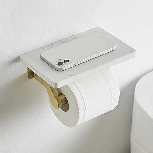 Hoimpro Brushed Gold Aluminum Toilet Paper Holder with White Natural Marble Shelf, Wall Mounted Tissue Hand Paper Roll Storage Holder for Bathroom Kitchen Washroom Bedroom - color: Gold