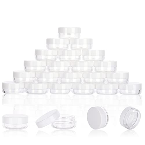 3 Gram Sample Jars with Lids, 25 Count Mini Cosmetic Containers - Makeup Travel Containers with Labels, Tiny Disposable Spatulas - color: White