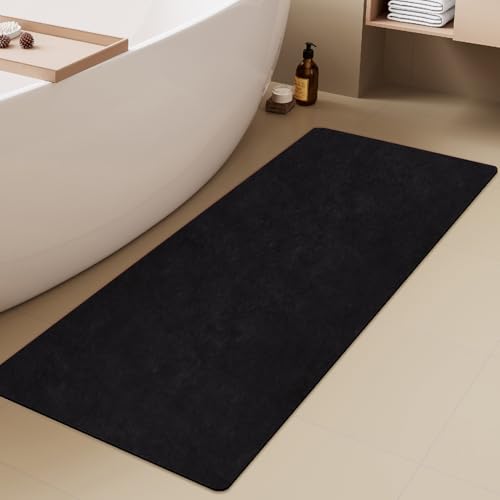 TYUU Black Bath Mat, Bathroom Rugs Non Slip Washable Thin Absorbent Quick Dry Bath Mat Fits Under Door Bathroom Floor Mat Perfect for Bath, Shower, or Sink 24"x70" Black - color: Black, size: 2' X 5'10" (Rectangular)