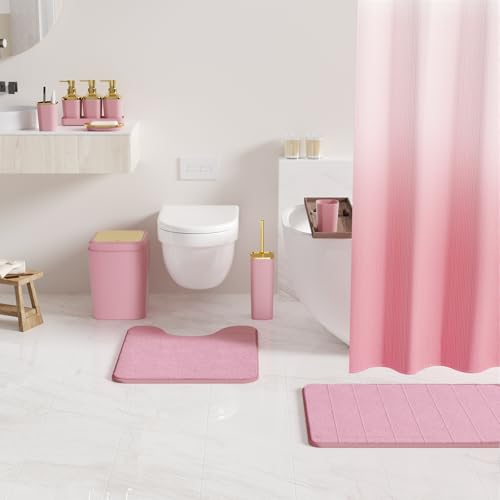 Bathroom Set - 26PC Bathroom Sets with Shower Curtain and Rugs, Bathroom Accessory Set, Pink Bathroom Set, Elegant Bathroom Accessories Set, Shower Curtain Set, Trash Can & Soap Dispensers - color: Pink & Gold, size: Bath Set+Shower Curtain+Bath Rugs