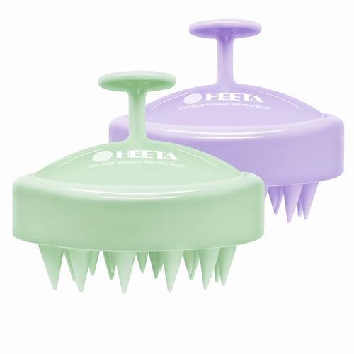 HEETA Scalp Massager Hair Growth 2-Pack, Soft Silicone Scalp Scrubber Shampoo Brush for Exfoliation Dandruff Removal Head Massage Stress Relax, Wet & Dry Use for Women Men Thick Thin Curly Hair Care - color: Purple & Grass Green