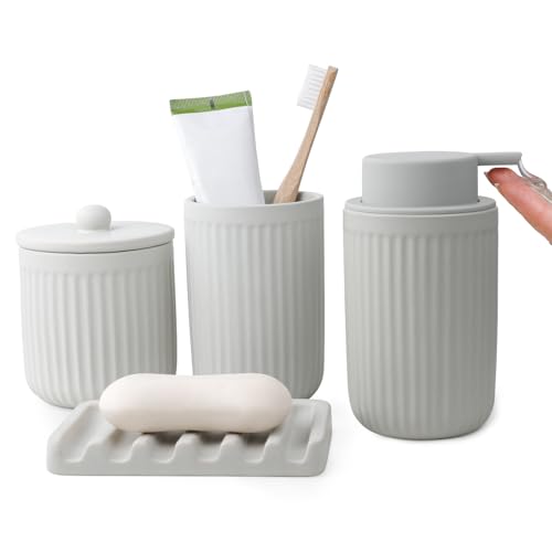 BosilunLife Ceramic Bathroom Accessories Set - Bathroom Counter Soap Set Light Grey Bathroom Decor Sets Accessories Bathroom Lotion Soap Dispenser and Toothbrush Holder Set, Soap Dish, Apothecary Jars - color: Light Grey-liquid