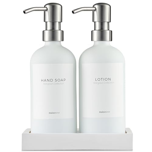 MaisoNovo Soap and Lotion Dispenser Set - Bathroom Soap Dispenser Set with White Soap Dispenser, Silver Pumps & Concrete Tray - color: White Bottles/ Silver Pumps/ White Concrete Tray