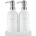 MaisoNovo Soap and Lotion Dispenser Set - Bathroom Soap Dispenser Set with White Soap Dispenser, Silver Pumps & Concrete Tray - color: White Bottles/ Silver Pumps/ White Concrete Tray
