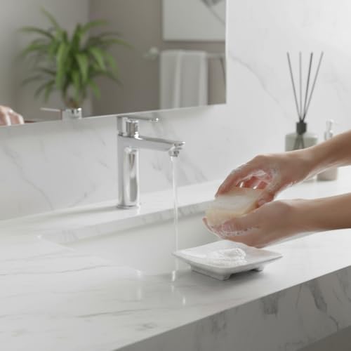 Luxury Handmade Cloudy White Marble Soap Dish Holder with Drain for Bathroom and Shower, Best Bath Products & Sponge Tray for Kitchen & Housewarming Gifts., Cloudy White, 4x5x0.75, (SD2021) - color: White