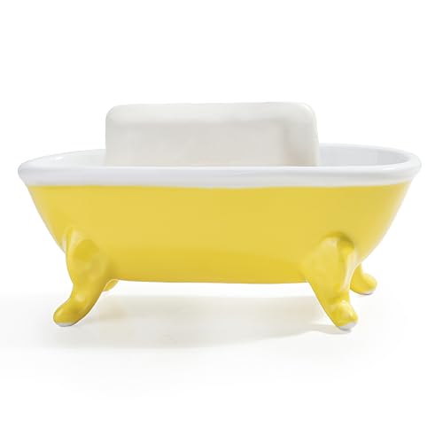 6.7" Ceramic Mini Clawfoot Bathtub Bar Soap Dish, Decorative Bar Soap Holder, Soap Tray Sponge Holder for Shower, Bathroom & Kitchen Sink (Yellow) - color: Yellow
