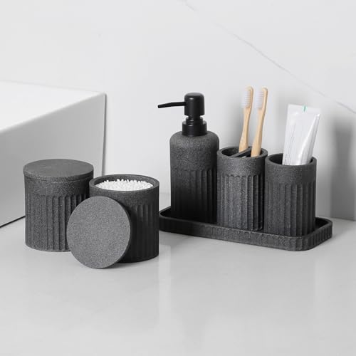INIUNIK Bathroom Accessory Set - 6 Pieces Bathroom Accessories Set Complete with Soap Dispenser, Toothbrush Holders, Tumbler, Vanity Tray and 2 Qtip Holder for Home Organizer and Decor, Dark Grey - color: Dark Grey