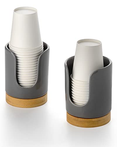 Ceramic Bathroom Cups Dispenser - 3 oz Disposable Paper & Plastic Bathroom Cups Holder - Mouthwash Cups Dispenser for Bathroom, Guest Toiletries, Countertop, Coffee - BPA Free (2 Pack) - color: Grey, size: Set/2