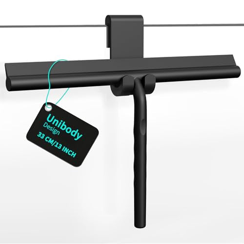 ecooe Silicone Shower Squeegee with Hanger, 13″/33cm Shower Glass Cleaner Wiper, Black Window Squeegee Scraper with Stainless Steel Core for Home Bathroom Kitchen Car Glass Doors - size: 01-Black 13″/33cm