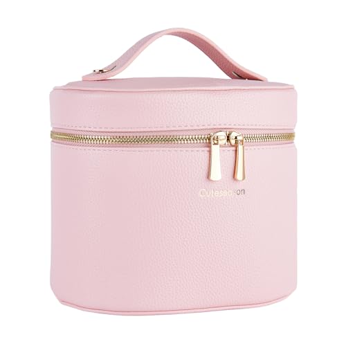 Large Makeup Bag Organizer, PU Leather Makeup Case with Removable Dividers, Waterproof Travel Cosmetic Bag(Pink) - color: Pink
