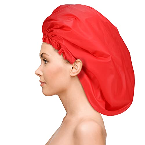 4 Pack Super Jumbo Shower Cap for Women, Extra Large Waterproof Hair Cap for Long Hair, Braids, Dreadlocks, Reusable Bath Caps with Elastic Band(Blank Pattern,Black, Grey, Blue, Red) - color: Black, Grey, Blue, Red