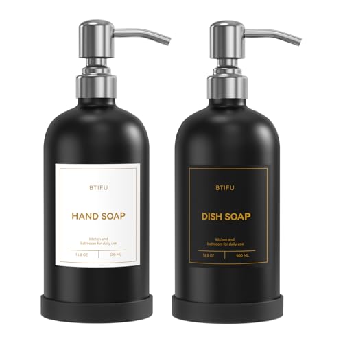 Kitchen Soap Dispenser Set – 16.8oz/500ml Glass Hand and Dish Soap Dispenser with Stainless Steel Pumps & Non-Slip Silicone Base, Luxury Countertop Decor for Home, Airbnb, Restaurant (Black & Silver) - color: Black & Silver