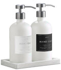 Glass Soap Dispenser Set of 2 (White) with Silicone Tray | Hand and Dish Soap Dispenser for Kitchen and Bathroom | 16.8 Oz Glass Bottles with Stainless Steel Pump & 15 Waterproof Labels (White/Silver) - color: White/Silver