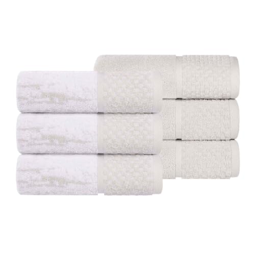 Superior Cotton Bathroom Towel Set, Plush Absorbent, 6 Piece, Stone White | Soft Quick Dry, Jacquard & Solid Pattern Assorted Towels, 6 Hand Towels for Bathroom Vanity and Counters, Lodie Collection - color: Stone-white, size: Hand Towel 6 - Pack (Jacquar
