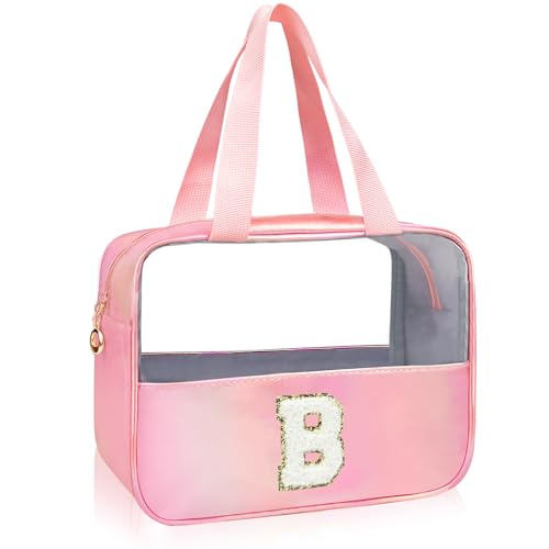 Initial Clear Makeup Bag Personalized Pink Clear Cosmetic Bag, Cute Large Make Up Bags Organizer Bag, Travel Toiletry Bag for Women Girl Gifts B (Pink) - color: Pink, style: B