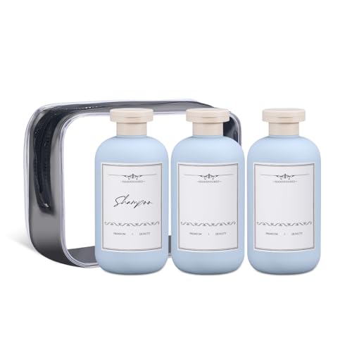 ASEVAT Travel Refillable Shampoo and Conditioner Bottles - 10 oz Plastic Squeeze Bottles with Flip Cap for Toiletries and Liquids (3Pcs) - color: Blue, size: 10 Ounces
