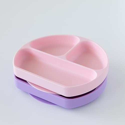 Bumkins Toddler and Baby Suction Plate, Silicone Divided Grip Dish for Babies and Kids, Baby Led Weaning, Children Feeding Supplies, Non Skid Bottom, Platinum Silicone, 6 Months Up, Lavender and Pink - color: is F7 Lavender, Pink-GD