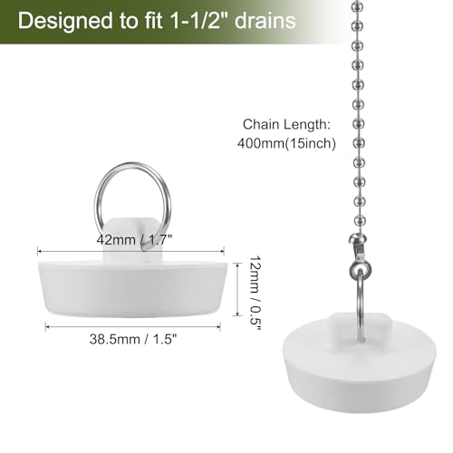 uxcell 2 Pcs Tub Stoppers, Rubber Bathtub Stoppers 1-1/2" Kitchen Sink Drain Stopper, Bathroom Drain Plug with Pull Ring and 15" Beaded Chain, White - size: 1-1/2"