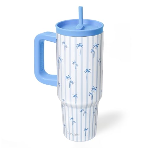 SANDJEST Palm Tree Stainless Steel Locking Lid Silicone Straw Tumbler with Handle 40oz, Insulated Stainless Steel Travel Cup for Women Beach Lover, Gift Idea for Birthday Summer Vacation - color: Palm Tree