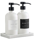 Glass Soap Dispenser Set of 2 (White) with Silicone Tray | Hand and Dish Soap Dispenser for Kitchen and Bathroom | 16.8 Oz Glass Bottles with Stainless Steel Pump & 15 Waterproof Labels (White/Black) - color: White/Black