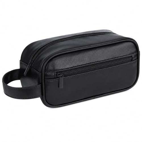 Men's Toiletry Bag, Vintage PU Leather Travel Shaving Case, 9.1" Lightweight Toiletries Organizer Pouch, Premium Grooming Gift for Husband Dad, Khaki (Black) - color: Black