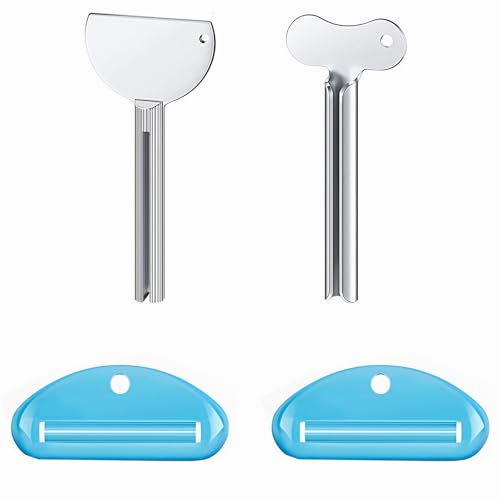 4 Pack Toothpaste Tube Squeezer Set, 2 Stainless Steel Metal Tube Wringers + 2 Hangable Plastic squeezers, Bathroom Toothpaste Key for Cream, Hair Dye, Paint, Reduce Waste Tool
