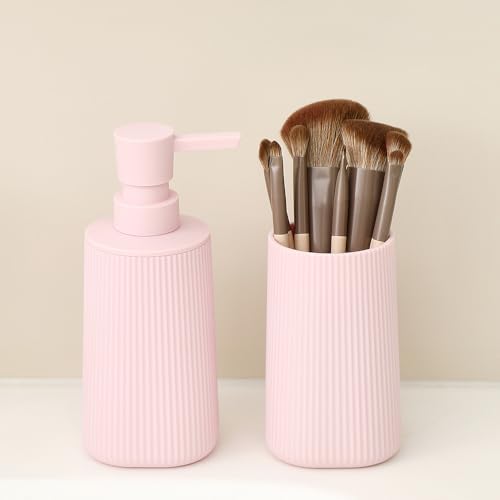 YAUKPH Bathroom Accessories Set 2 Piece Soap Dispenser and Toothbrush Holder for Bathroom Countertop Striped Pink - color: Striped Pink