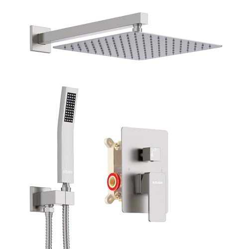 KOJOX Shower System with High Pressure 12 Inch Rainfall Shower Head, Handheld Shower head and Shower Faucet Trim valve, Bathroom Luxury Rain Mixer Shower Set Wall Mounted Brushed Nickel - color: Brushed Nickel, size: 12''