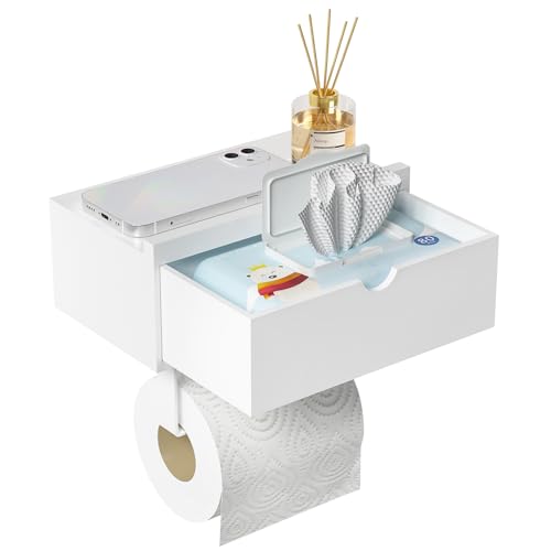 Domax Standard 8.46" Bamboo Toilet Paper Holder with Shelf and Storage Drawer - Wall Mount or Adhesive Bathroom Organizer for Tampons, Cotton Swabs, Wipes or More, White - color: White