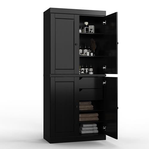 Palace Imports Solid Wood Tall Bathroom Pantry Cabinet with 4 Wooden Doors & Adjustable Shelves, Black - 100% Eco-Friendly, Renewable, Space-Saving Storage, 71.5" H x 32" W, Made in Brazil - color: Black
