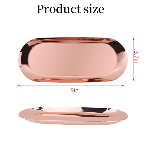 Dnyta 2Pcs Stainless Steel Decorative Tray, Decor Jewelry Dish Rose Gold Bathroom Decor Makeup Serving Trays for Dresser, 9 x 3.7in Cosmetics Home Decor for Keys Watch Wallet Trinket (Oval, Rose Gold) - style: Oval rose gold style (2pcs)