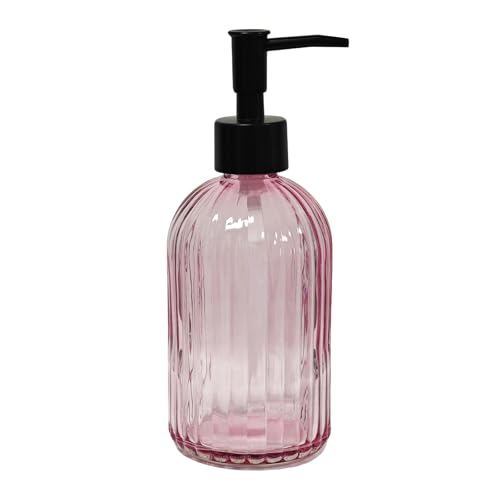 Black Pump Glass Soap Dispenser, 13.5oz Stripe Countertop Refillable Liquid Bottle Hand Dish Lotion Dispenser with Plastic Pump, for Kitchen, Bathroom Countertop - color: Rose Red