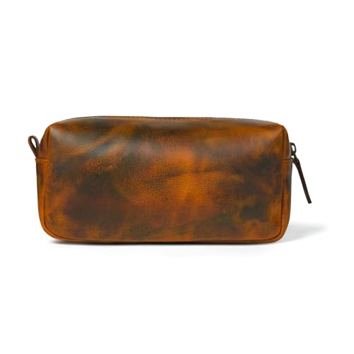 Full Grain Leather Toiletry Bag for Men – Handmade Travel Kit, Small Leather Shaving & Toiletry Organizer, Durable Waxed Canvas Lining (Tan)