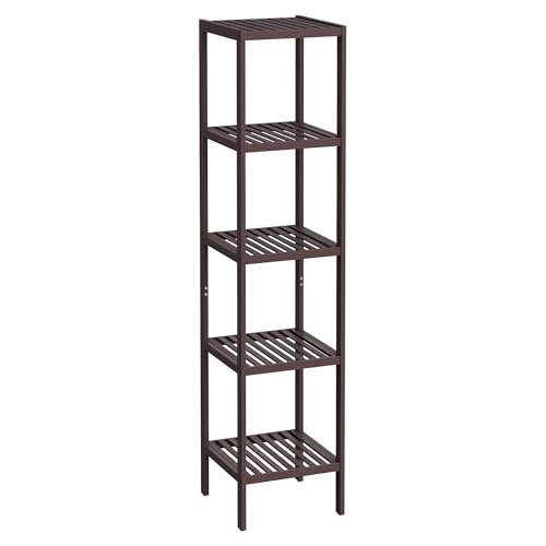 SONGMICS Bamboo Storage Shelf, 5-Tier Shelving Unit, Multifunctional, in the Entryway, Bathroom, Living Room, Balcony, Kitchen, 13 x 13 x 57.5 Inches, Brown UBCB55Z - color: Brown, size: 5 Tiers (13"D x 13"W x 57.5"H)